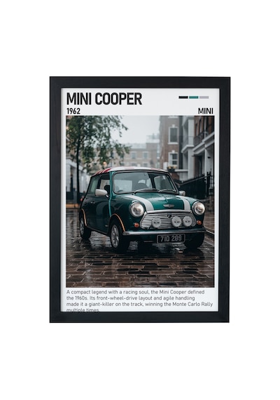 Mini Cooper Classic Ahşap Çerçeveli Poster Tablo Retro Şehir Aracı Siyah