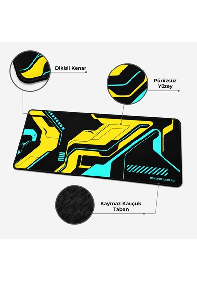 Mcstorey 90x40 Cm Mouse Pad, Cyber Sarı Turkuaz Desenli Büyük Mou