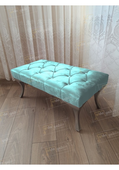 Kapitoneli Ayak Ucu Kapı Önü Antre Bench Puf Gümüş Ayak 120 45 Beyaz