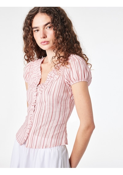 Koton Slim Fit Fırfır Detaylı V Yaka Kısa Kollu Çizgili Bluz Pembe Çizgili 6sal60191ıw