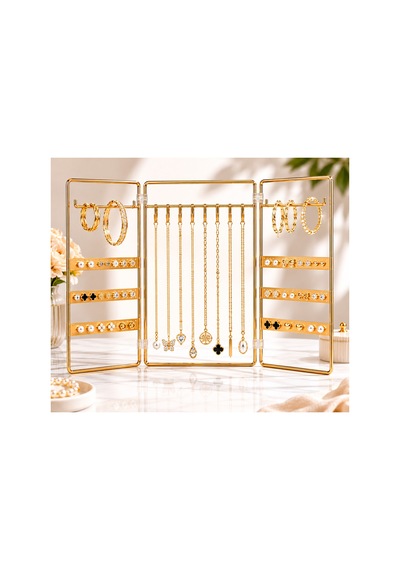 Katlanabilir Metal Takı Organizeri 3 Panelli Gold Küpelik Kolye Askılığı Bileklik Ve Yüzük Düzenleyici Altın
