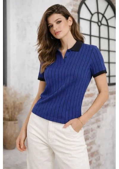 Vexor Polo Yaka Çizgili Tişört Kısa Kol Düğmeli Yazlık T-shirt - Saks Mavisi