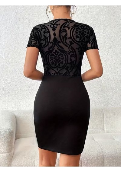 De'charme Kadın Kısa Kollu Bisiklet Yaka Transparan Tül Detaylı Kısa Ithal Krep Elbise Siyah