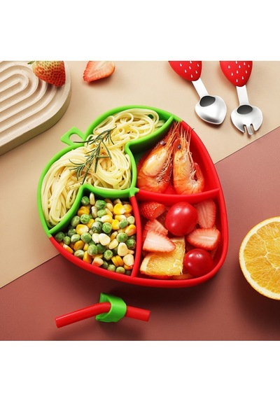 Jojobebek Vakumlu Silikon Mama Tabağı, Silikon Saplı Çelik Uçlu Çatal ve Kaşık ( Çilek Figürlü )