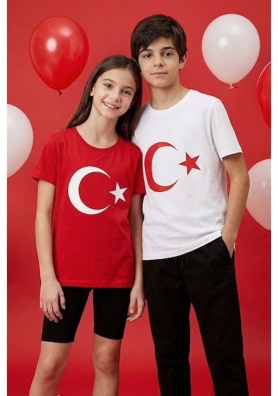 Tommy Life Kırmızı Ay Yıldız Baskılı Unisex T-shirt - 11333 KIrmızı