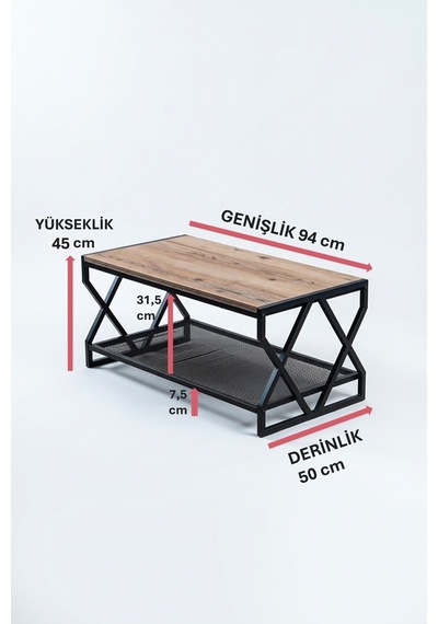 Dekoratif Metal Orta Sehpa Ahşap Tablalı Metal Raflı Dikdörtgen Orta Sehpa Siyah