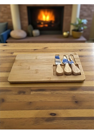 Doğal Bambu Bıçaklı Peynir Servis Sunum Tabağı Kahvaltı Sunum Tahtası Seti 4 Parça 30x17 Cm Kahverengi