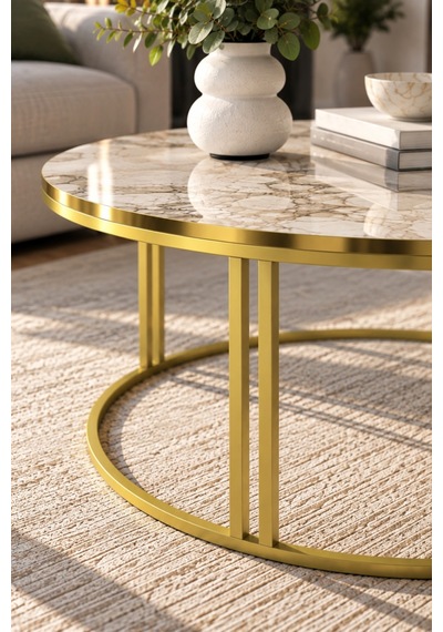 Sulorahome Efes Beyaz Mermer Desenli Yuvarlak Orta Sehpa 70 Cm Altın - Mermer