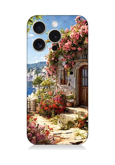 Apple Uyumlu iPhone 15 Pro Max Çiçekli Ev Desenli Silikon Kılıf Silikon