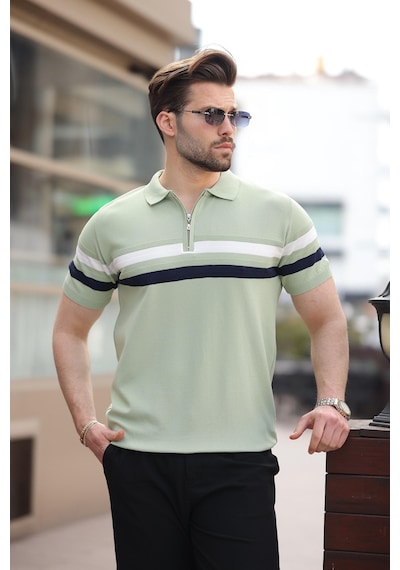 Madmext Çağla Yeşili Fermuarlı Polo Yaka Triko Erkek T-shirt E7299 Çağla Yeşili