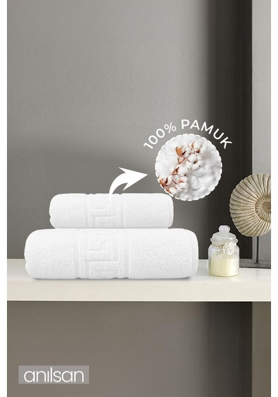 %100 Pamuk 2'li Greek Havlu Seti - 1 Adet El Havlusu Ve 1 Adet Banyo Havlusu Beyaz