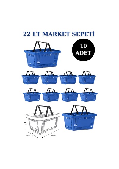 10 adet 22Litre Market ve Alışveriş Sepeti, Saplı Market Sepeti M