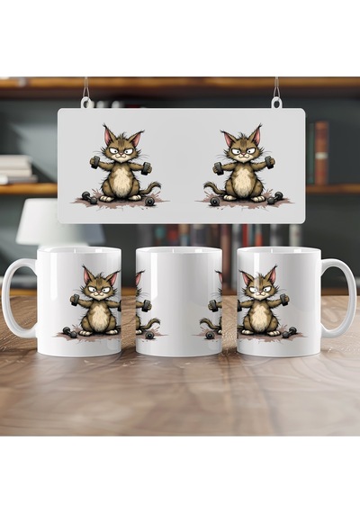 Ağırlık Kaldıran Sporcu Kedi Kupa Bardak - Komik Kedi Tasarımları - Hediye Fikir Beyaz