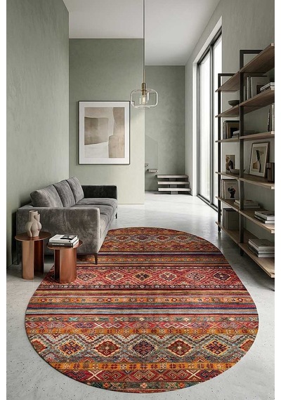 Etnik Kilim Desenli Pamuk Taban Yıkanabilir Baskılı Dekoratif Oval Halı Kırmızı
