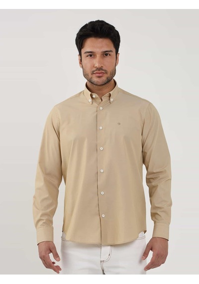 Dufy Camel Erkek Regular Fit Düz Brent Düğmeli Yaka Uzun Kol Gömlek - 102274-camel Camel