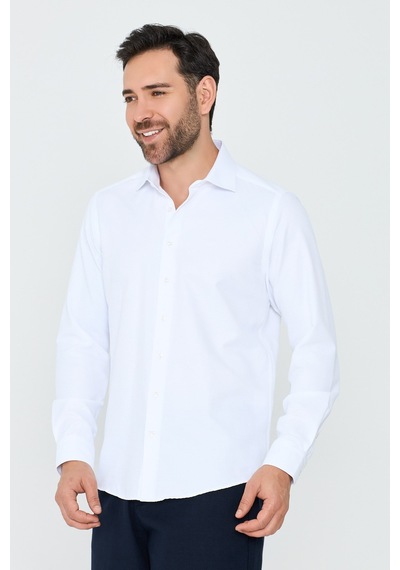 White Stone Beyaz Dokulu Dynamic Fit Erkek Uzun Kollu Gömlek Beyaz-01