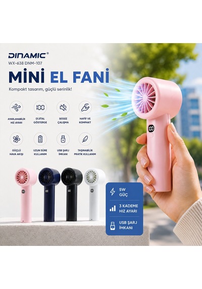 Dinamic Wx-638 Dnm-107 Mini El Fanı - Dijital Göstergeli Ayarlanabilir Hız 5w