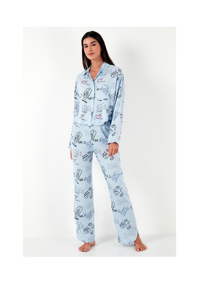 Lela Desenli Rahat Kesim Bol Paça Yazlık Bayan Pijama Takımı 6110014 Açık Mavi