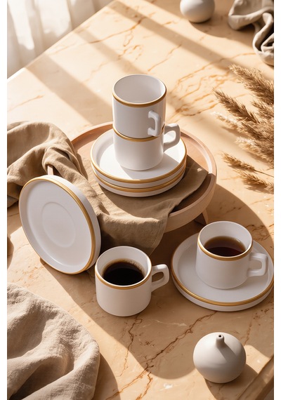 Keramika Mat Beyaz Gold Fileli Stackable Çay Takımı 8 Parça 4 Kişilik