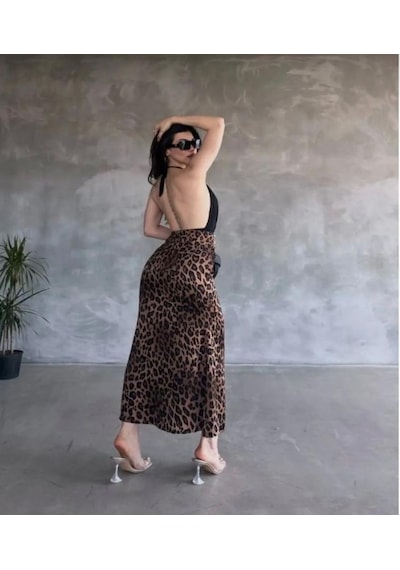 Green'dal Leopar Desenli Maxi Etek İç Göstermez Ve Şık Kahve Leopar