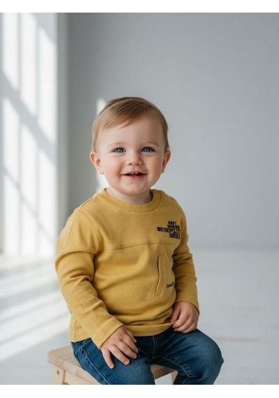 Zekids Erkek Bebek Pamuklu Yazı Detaylı İnce Uzun Kollu T-shirt-16860 Sarı