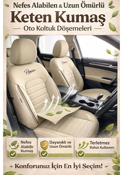 Premium Serisi Lüks Keten Üniversal Oto Koltuk Kılıfı - 5 Koltuk Tam Set Bej