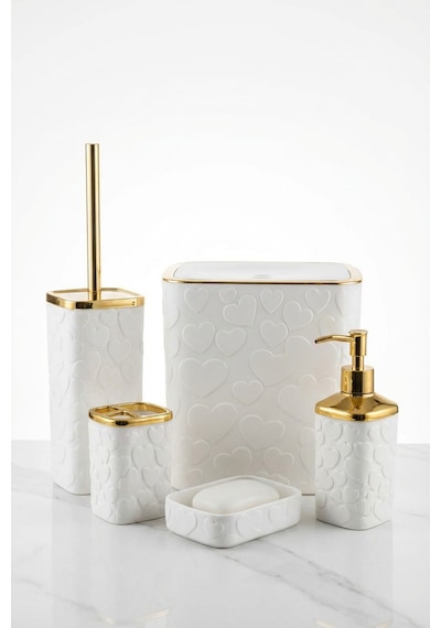 Makri Home 5 Parça Banyo Seti, Kalp Desenli, Beyaz Gold, Kare, Click Kapaklı, Hacim: 8 Litre Altın - Beyaz