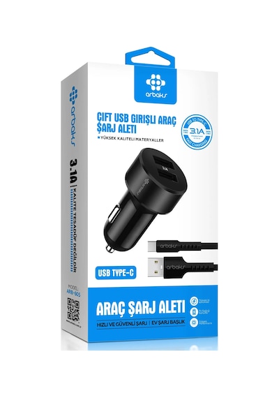 Arbaks ARB-605 Pvtrn 3.1A Çift Usb Girişli Type-C Kablolu Araç Şarj Aleti
