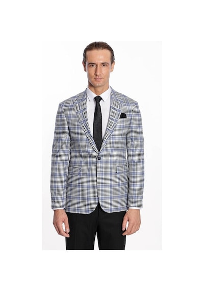 Wessi Ekose Desenli Slim Fit Siyah Mavi Erkek Ceket - Wessi Mavi - Siyah