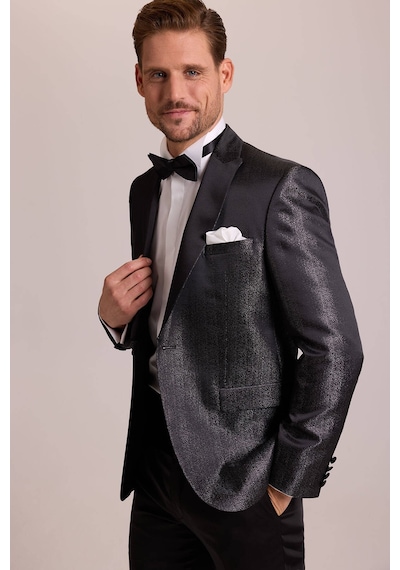 Ysf Erkek Siyah Slim Fit Kırlangıç Yaka Desenli Damatlık