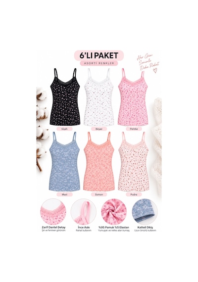 Westicgiyim Kadın İp Askılı Dantelli Atlet 6 Lı Paket %95 Pamuk Likralı Desenli Asorti İç Giyim M-l-xl-2xl Çok Renkli