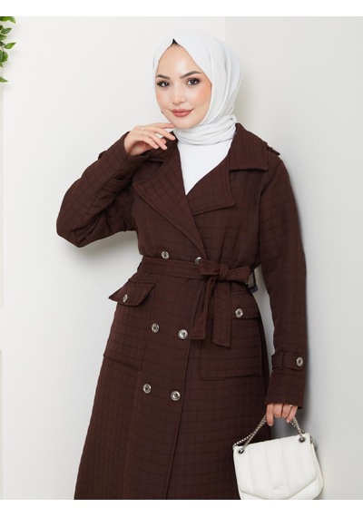 Hb Harma Time Butik Kadın Örme Kapitone Kuşaklı Düğmeli Kahverengi Trenç