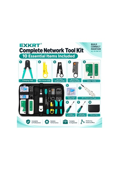 Ağ Alet Seti, Kablo Test Cihazı İle Rj45 Sıkma Aleti Seti, Punch Down Aleti, Tel Soyucular, Cat5 Cat5e Cat6 Ethernet Kablosu Onarımı İçin 10 Rj45 Konnektörler Ve Tornavidalar
