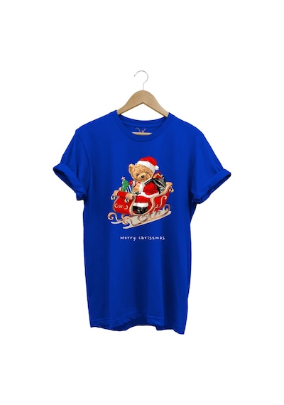 Christmas Baskılı Sevimli Ayıcık Yılbaşı Noel %100 Pamuk Regular Fit Bisiklet Yaka Mavi T-shirt Mavi