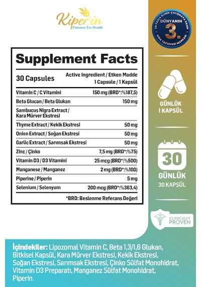 Max Formula Güçlü Bağışıklık C Vitamini, Beta Glukan, Kara Mürver, Sarımsak, D3, Çinko 30kapsül