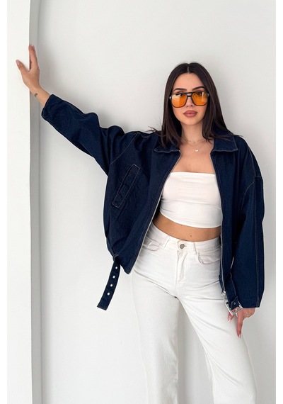 Blanco Kadın Kemer Detaylı Kot Ceket Oversize Fermuarlı Denim Ceket Lacivert Lacivert