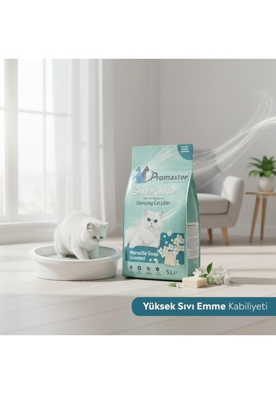 Süper Beyaz Doğal Bentonit Topaklanan Kedi Kumu Marsilya Sabunu Kokulu 5 Lt