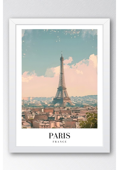 Paris France Vintage Seyahat Posteri Çerçeveli Tablo - Premium Eyfel Kulesi Elit Duvar Dekoru Beyaz