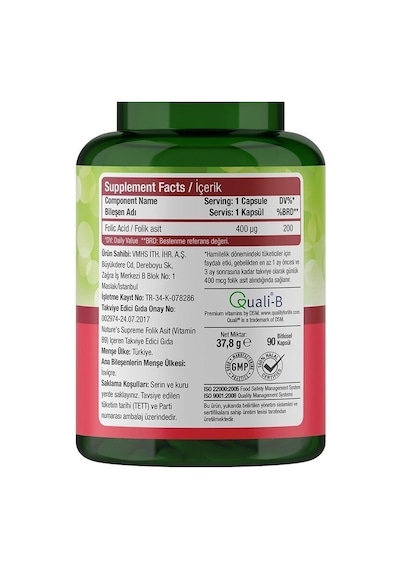 Natures Supreme Folic Acid 400 Mcg 90 Kapsül Aromasiz