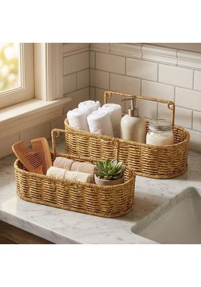 2'li Duvar Askılı Plastik Rattan Organizer Oval Hasır Görünümlü Mutfak Raf Sepeti, Banyo Ve Ev İçi Düzenleme Ünitesi Çok Renkli