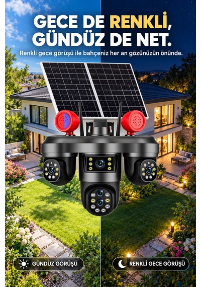 4 Kameralı 3 Motorize Ptz Kamera Wifi Çift Solar Panelli 10x Optik Zoom Uyarı Işıklı Güvenlik Kamerası
