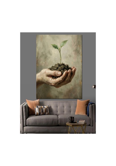 Avuç İçinde Yeşeren Küçük Fidan Yağlı Boya Dokulu Kanvas Tablo Canvas Tablosu