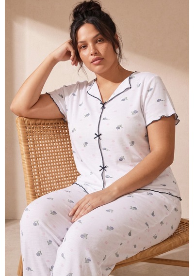 Siyah İnci Beden Fitilli Kaşkorse Örme Pijama Takım26120851 Beyaz Çiçek