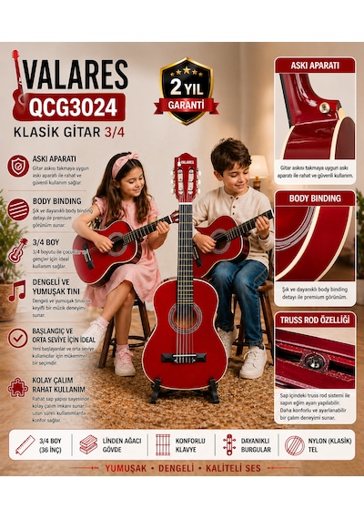 Valares Qcg3024 Kırmızı Klasik Gitar 3/4 Başlangıç & Orta Seviye Yumuşak Tını.kılıf Pena Hediye