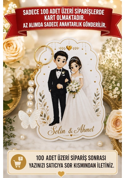 10 Adet Gelin & Damat Konsept Kelebek Anahtarlık - Nişan Hediye - Kına Hediye - Nikah 8,5x12cm