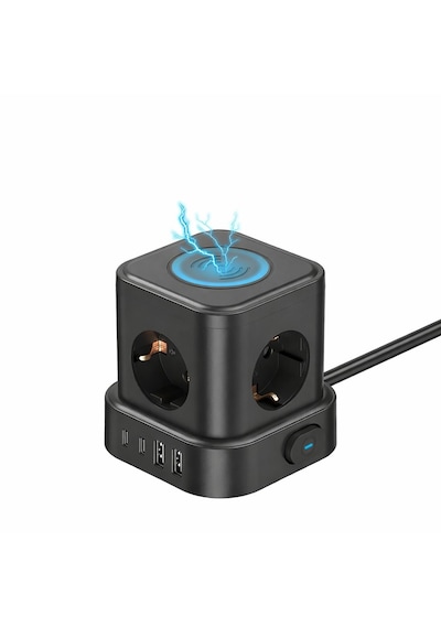 4'lü Priz Küp Çoklayıcı 2 Usb 2 Type-c 5w Kablosuz Şarjlı 2 Metre Kablolu Akım Korumalı Priz 1 - 3 M