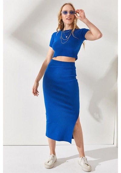 Trend Alisse Kadın Saks Mavisi Yazlık Yırtmaçlı Esnek Etek Crop Takım
