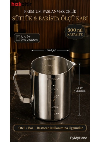 Bymyhand Premium Paslanmaz Çelik Ölçü Kabı Karıştırma Kabı Sütlük Süt Potu Barista Ölçü Kabı 800 Ml Çok Renkli