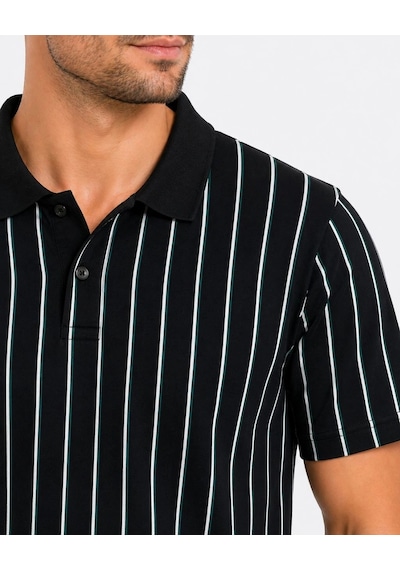 Novalisse Erkek Pike Kumaş Çizgili Polo Yaka Tişört Kısa Kol Yazlık T-shirt - Siyah Çoklu Renk