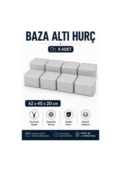 Hurç Seti Fermuarlı Baza Altı Hurcu Yorgan Battaniye Kıyafet Saklama Organizeri 8'li Gri